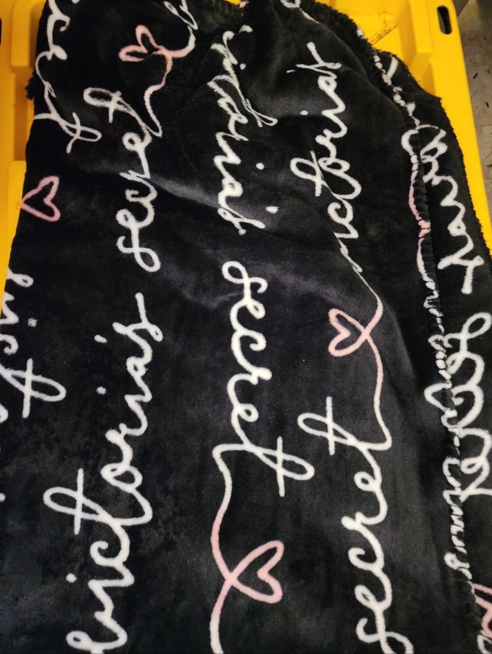 Victorias Secret Cozy Black Script Plush Throw with Pink Heart Accents